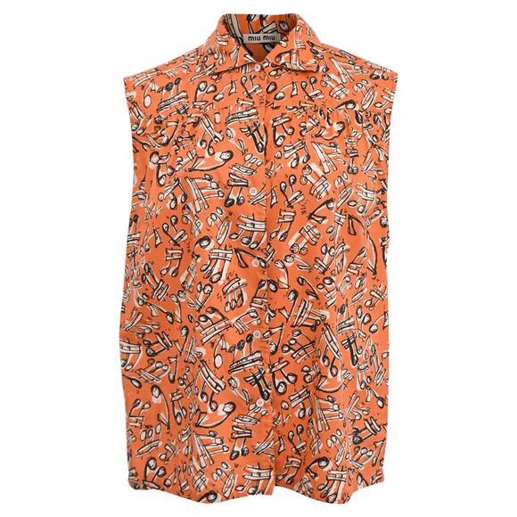 Miu Miu Music Notes Printed Sleeveless Blouse in Orange Cotton